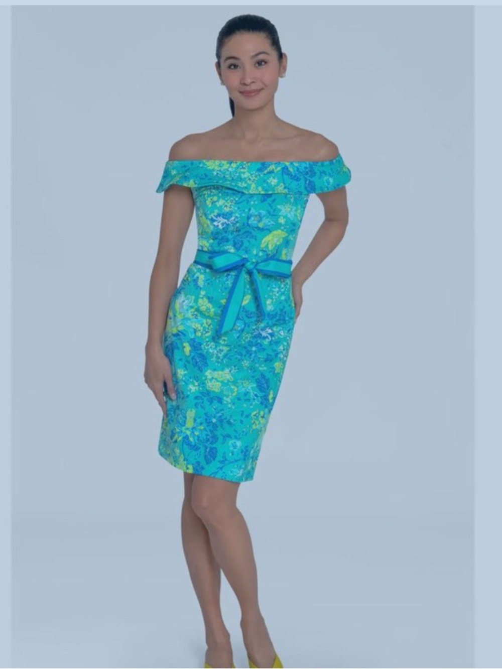 Gretchen Scott Designs Aqua Floral One-Shoulder Sheath